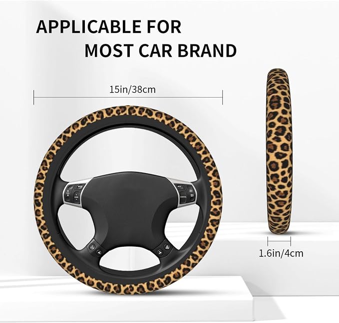Leopard Print Steering Wheel Cover - Cheetah Leopard Print Steering Wheel Cover Anti-Slip Breathable for 15 in Universal 2 Pcs Car Interior Cup Holder Pad for Men Women