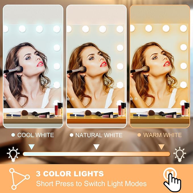 Moonee Vanity Mirror with Lights, Hollywood Lighted Makeup Mirror with 24 Dimmable Bulbs and 10X Magnification, 3 Colors Modes, Aluminum Metal Frame, Light Up Mirror for Tabletop/Wall(48" x 30")