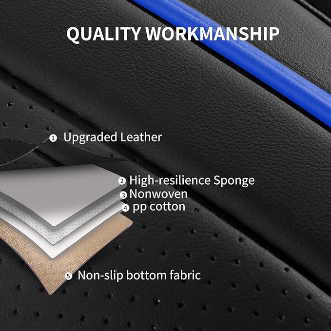 HChengkikz Front Car Seat Cover, Faux Leather, Waterproof (Black+Blueline) | Easy Maintenance, Airbag Compatible, Universal Fit For Most SUVs Trucks Pick-ups Sedans