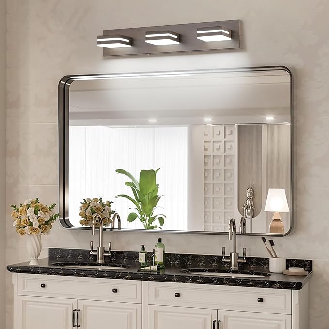 SineRise LED Modern Bathroom Vanity Light Fixtures (3-Light, 24-Inch), Brown Wood Painted Modern Acrylic Bathroom Wall Lighting Fixtures Over Mirror (Cool White 6000K)