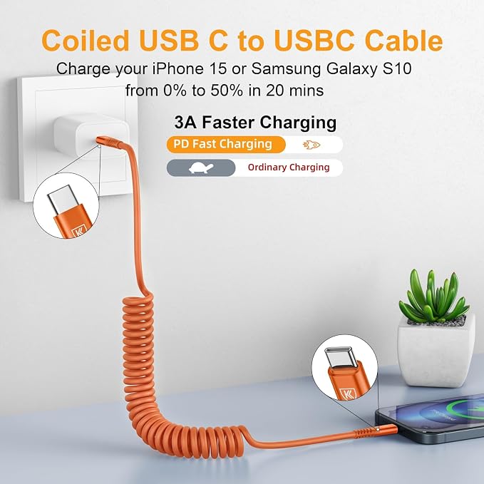 USB C to C Cable 3FT, 2Pack Coiled USB C Fast Charging Cable for CarPlay | iPhone USB-C Cable/Android Auto USB C Cord, USB Type-C Cable for iPhone 17/16/15/Pro Max/Plus/Galaxy S26 S25 and More-Orange
