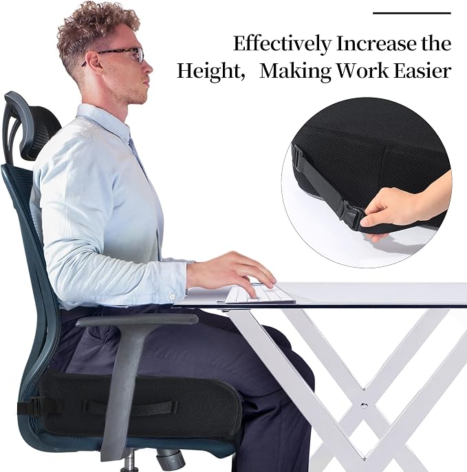 MABOZOO Extra Thick Chair Cushions,Office Chair Booster Seat Cushion to Raise Seat Height for Pain Relief,18 x 16 x 6 inch Non Slip Memory Foam Thick Cushion with Carry Handle(Black)