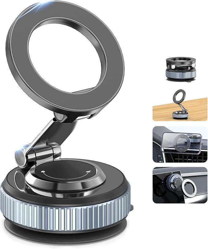 Gahenwo Vacuum Magnetic Car Phone Holder Stand,360° Adjustable Car Phone Mount for Magsafe with Suction Cup & Swivel Lock,Foldable Phone Holders for Your Car,Cell Phone Car Mount for iPhone & Android