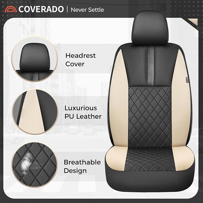 Coverado Car Seat Covers Front Pair, Automotive Leather Seat Covers for Car,Universal Fit Front Back Seat Cover, Non-Slip Waterproof Breathable Car Seat Protector