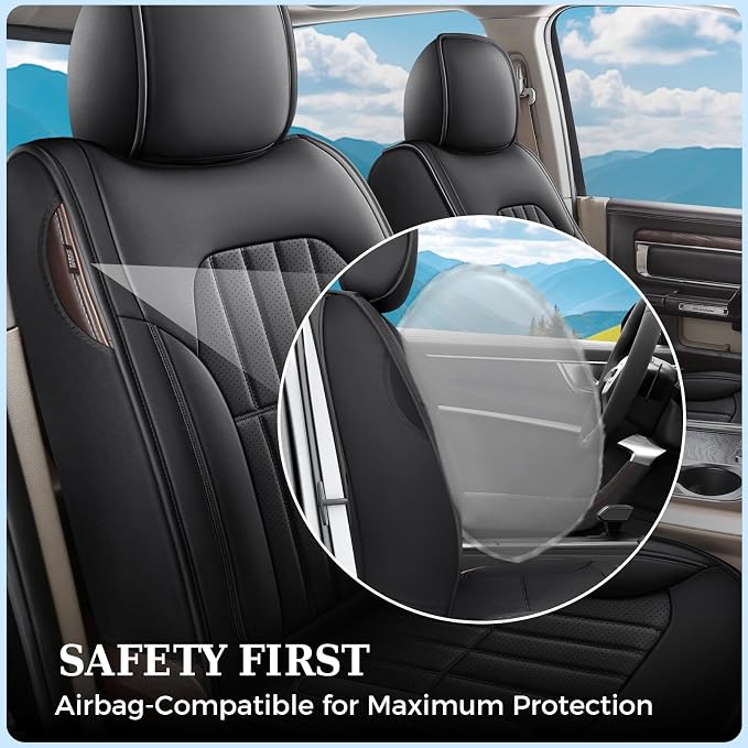 Truckiipa Seat Covers for Dodge Ram 1500 Full Set, Full Coverage Waterproof Leather Protectors Pickup Truck Accessories, Custom Fit for 2002-2025 Ram 1500 2500 3500 Crew Mega Cab, Black