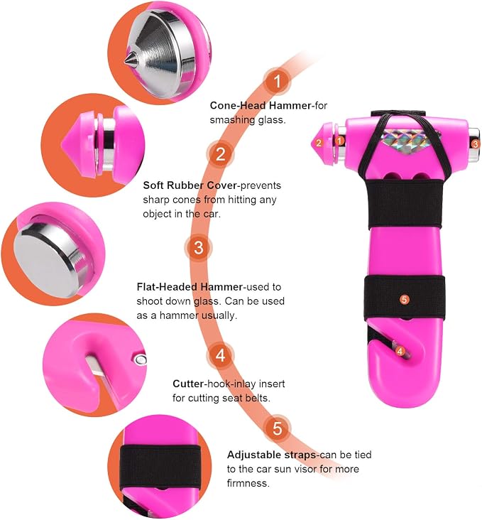 THINKWORK Window Breaker - Pink-Blue Car Safety Hammer Gift for Lady and Men, Three-in-One Emergency Escape Tool with Seat Belt Cutter, Safety Emergency Car Escape Tool for Family, Women, Children