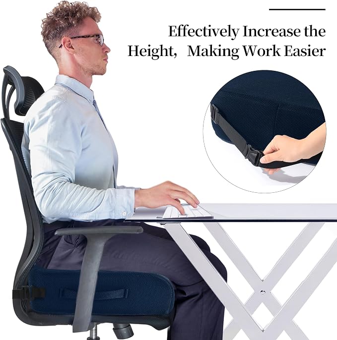 MABOZOO Extra Thick Chair Cushions, Office Chair Booster Seat Cushion to Raise Seat Height for Pain Relief,18 x 16 x 6 inch Non Slip Memory Foam Thick Cushion with Carry Handle(Navy Blue)