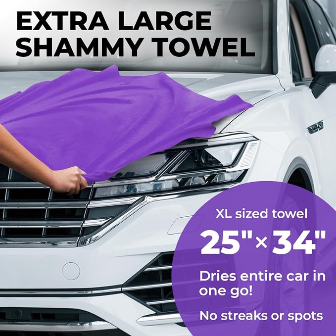 Premium XL Shammy Towel for Car - 34”x25” - Super Absorbent Chamois Cloth - Spots & Scratch-Free - Reusable Car Drying Towel