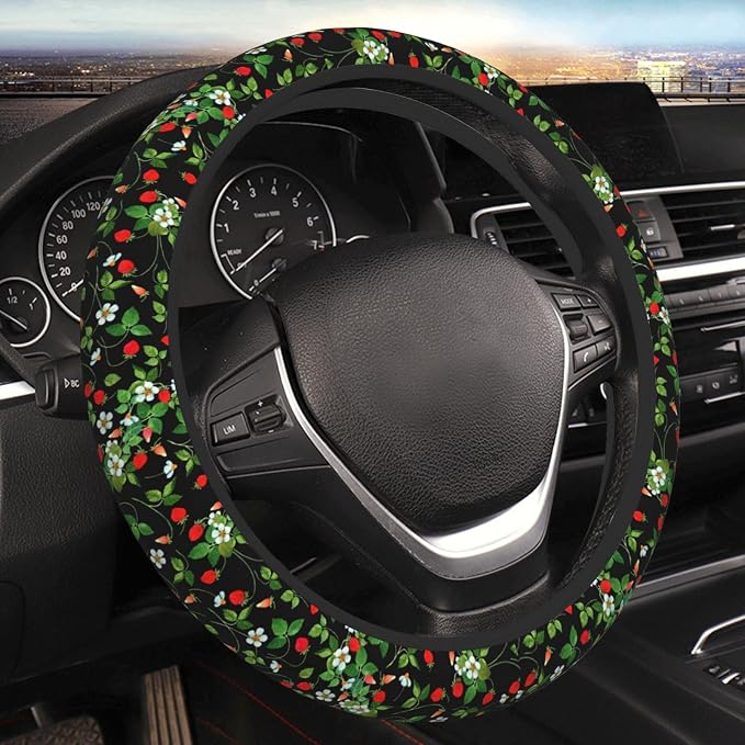 Wild Strawberry Elastic Steering Wheel Cover Non-Slip Breathable Steering Wheel Protector Fit Auto, SUVs, Truck