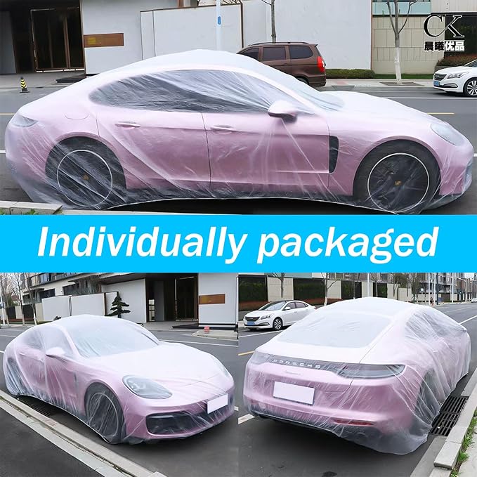 Car Essential Universal Disposable Clear Plastic Car Cover Suitable for SUV Sedan (Membrane Size:11.8ft x 21ft) with Elastic Band for Outdoor Snow Rain Weather,Individually Packaged, Super Convenient