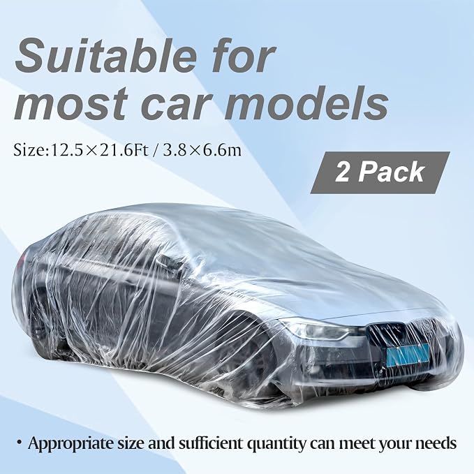 BBTO 2 Pack Universal Plastic Car Cover with Elastic Band Disposable Clear Car Covers Bulk 12.5 x 21.6 ft Waterproof Dustproof Full Exterior Protector for Sedan Outdoor Snow Rain Weather