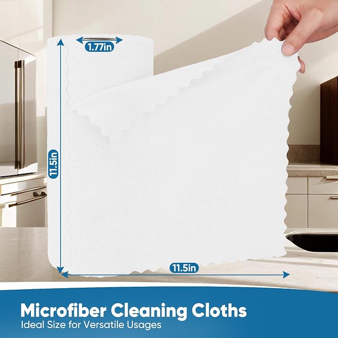Orighty Microfiber Cleaning Cloths, 75 Sheets Shop Towels, Reusable Paper Towels Shop Rags, Washable Microfiber Towel Roll Cleaning Rags for Cars, House, Kitchen, 11.5’’ x 11.5’’, White