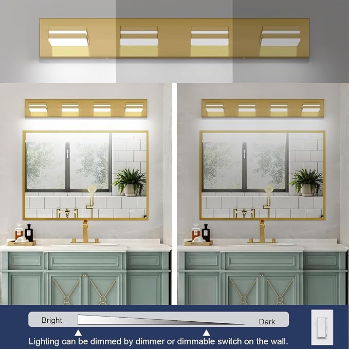 SineRise LED Modern Bathroom Vanity Light Fixtures (4-Light, 30-Inch, Dimmable),Brass Modern Acrylic Bathroom Wall Lighting Fixtures Over Mirror (Cool White 6000K)
