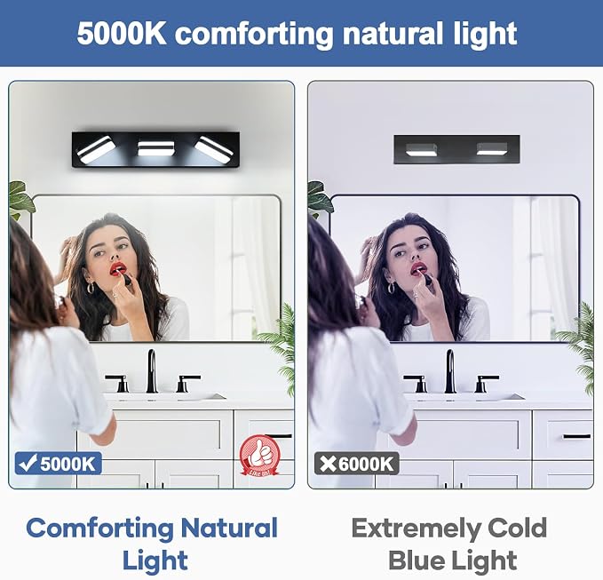 Torondo 360° Rotate LED Bathroom Vanity Light Fixtures, Acrylic Vanity Lights for Bathroom, Modern Wall Lighting Fixtures Over Mirror Living, Matte Black, Natural White, 3-Light, 17-Inch