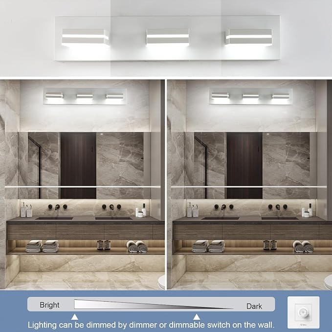 SineRise LED Modern Bathroom Vanity Light Fixtures (3-Light, 24-Inch, Dimmable), Matte White Modern Acrylic Bathroom Wall Lighting Fixtures Over Mirror (Cool White 6000K)