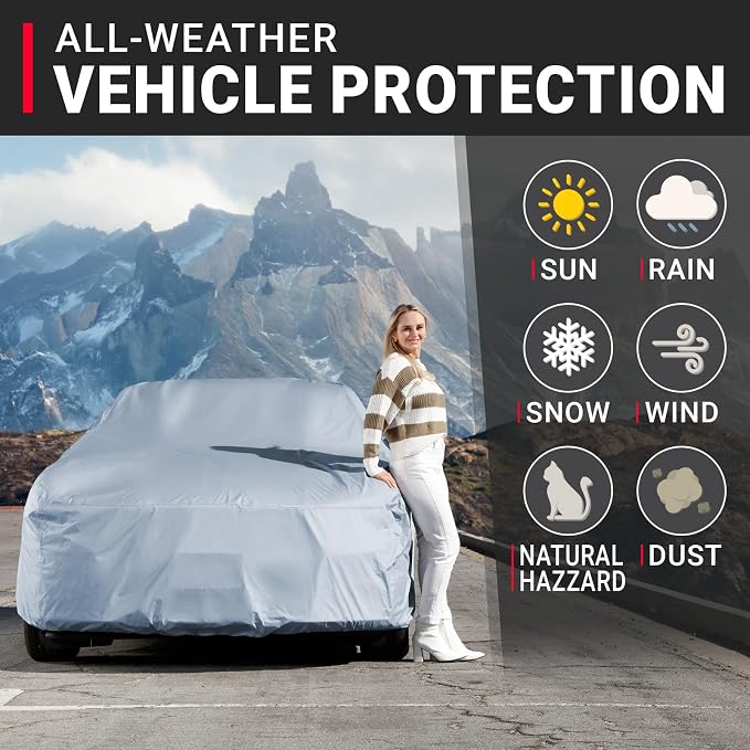 iCarCover 18-Layers Premium Universal Fit Car Cover Waterproof All Weather Sun Rain Snow UV Protection Outdoor Indoor Full Exterior Car Covers for Automobiles Sedan Hatch Coupe Fit for 155-163 inch