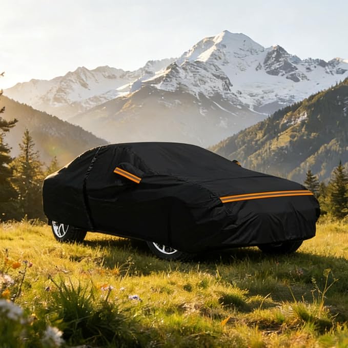 600D Heavy Duty Car Cover Custom Fit for Sedan Length 175-185 inches, Waterproof Outdoor Full Car Cover with Door Zipper, Windproof Snowproof Hail Protection, Black