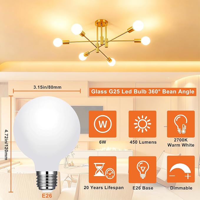 Vinaco Glass G25 led Globe Light Bulbs Dimmable 6W 120V 2700K for Bathroom | 6PCS, Milky Frosted Glass, 60W Eq. 450LM, 360°Beam,Warm White, NO Flicker, High CRI90+, E26 Base, for Makeup Mirror & Pendant