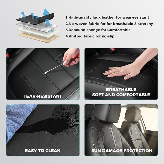 Seat Covers for Honda Civic Hatchback LX, EX, EXL, Sport, Touring, 2016-2021, Faux Leather Car Seats Cover Full Set Seatback Waterproof, Black (60/40 Split Seatback)