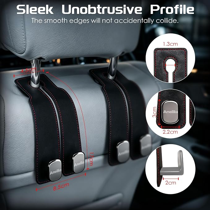 Car Headrest Hook, Car Seat Headrest Hooks and Purse Hook for Car, Leather Seat Back Organizer with Phone Holder, Universal Hidden Storage for SUV/Truck (Light Blue-2Pack)