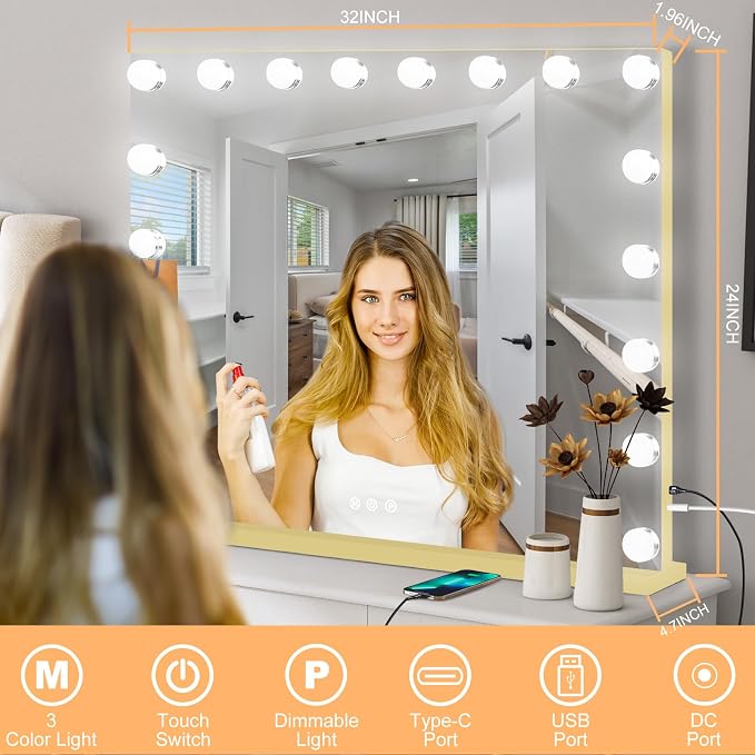 Moonee Vanity Mirror with Lights, Gold Hollywood Lighted Makeup Mirror with 18 Dimmable Bulbs and 10X Magnification, 3 Colors Modes, Aluminum Metal Frame, Light Up Mirror for Tabletop/Wall(32" x 24")