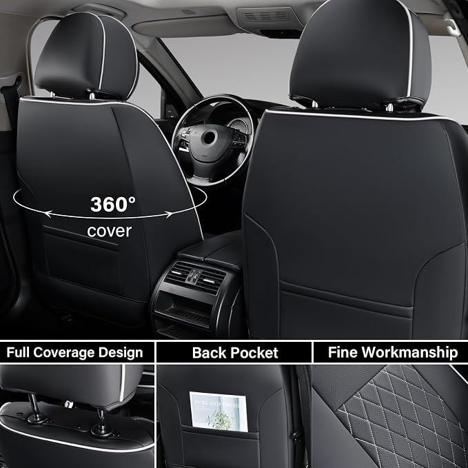 Coverado Tacoma Seat Covers Full Set, Faux Leather Seat Covers Custom Fit for 2016-2023 Toyota Tacoma Double/Crew Cab Base Prerunner SR5 Limited TRD Sport Interior Covers (White Line)