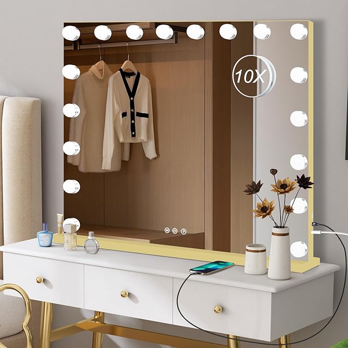 Moonee Vanity Mirror with Lights, Gold Hollywood Lighted Makeup Mirror with 18 Dimmable Bulbs and 10X Magnification, 3 Colors Modes, Aluminum Metal Frame, Light Up Mirror for Tabletop/Wall(32" x 24")