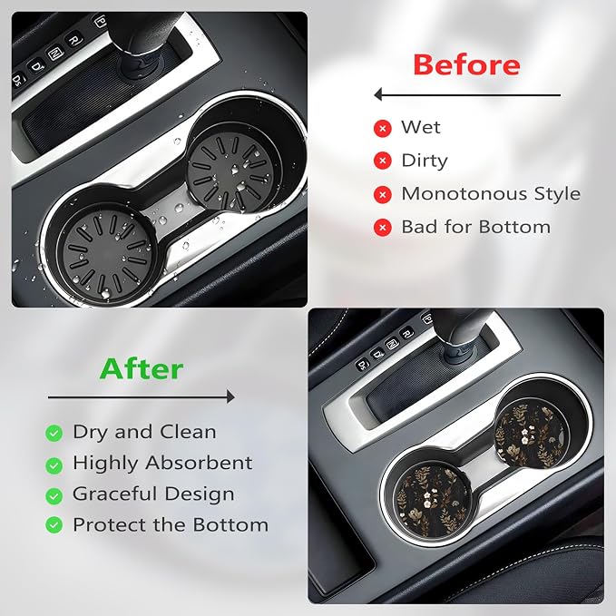 Ceramic Car Cup Coasters 2PCS - Little White Flower | with Cork Back & Finger Slot, Anti-Slip Shock Absorbing, Universal Car Interior Accessories for Men Women
