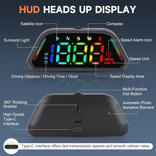 Color Digital Speedometer Heads Up Display for Vehicles,Multiple Color Options, Real-Time Speed, Auto Brightness, Overspeed Alert,360-degree Bracket,Plug and Play,Suitable for All Cars 
