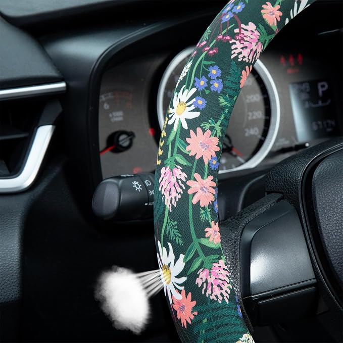 Flower, Floral, Daisies Steering Wheel Cover Auto Steering Wheel Protector, Anti-Slip, Breathable, Absorbing Sweat, Universal Car Accessories 14.5–15 inch,Fit for Most Car, Trucks, SUV