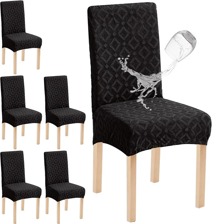 Genina Waterproof Chair Covers for Dining Room Set of 6, Removable Washable Chair Slipcover Protectors, Black