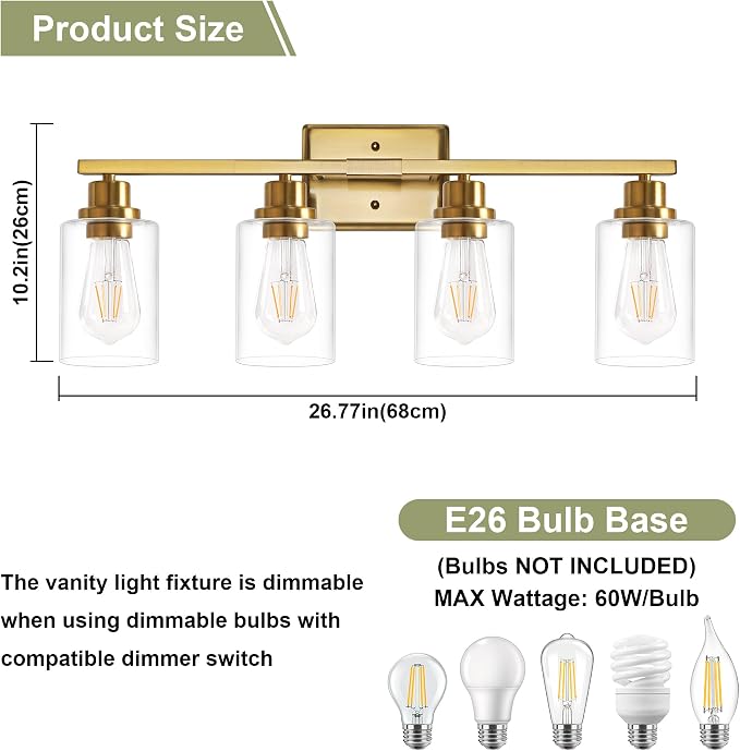 Unicozin Modern Bathroom Light Fixtures, 4 Light Vanity Lights Over Mirror, Gold Wall Lamp with Clear Glass for Living Room Cabinet Bedroom Porch Powder Room