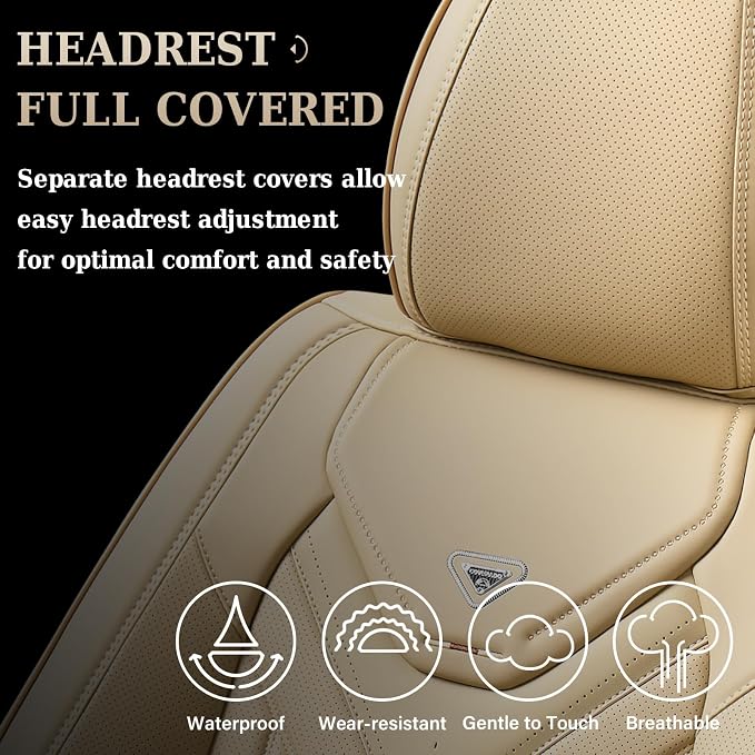 Coverado Car Seat Covers Full Set, Automotive Seat Covers Car Seat Protector Car Seat Cushion, Waterproof Leather Seat Covers for Cars, Universal Fit for Most Sedans SUV Pick-up Truck(Beige)