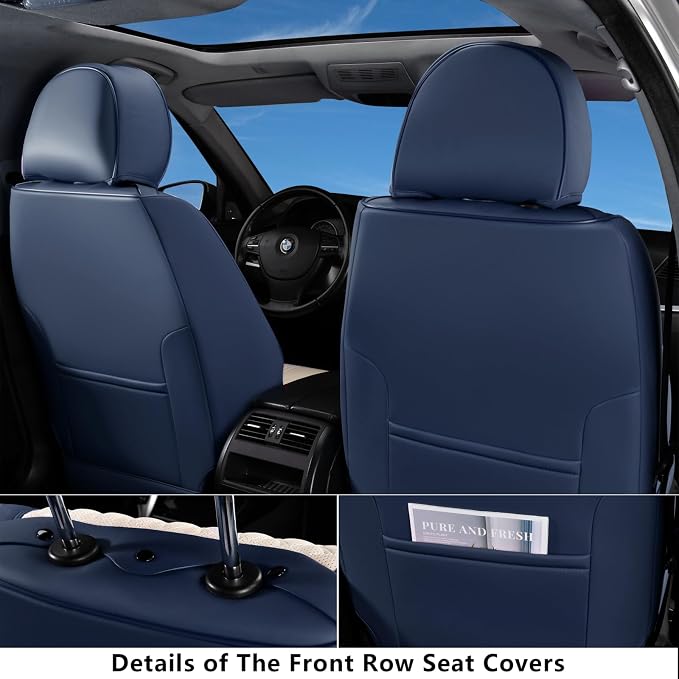 Coverado Car Seat Covers Full Set, Luxury Leather Seat Covers for Cars, Front and Back Seat Covers, Waterproof Car Seat Protector Car Seat Cushion Universal Fit Most Cars,Blue&White