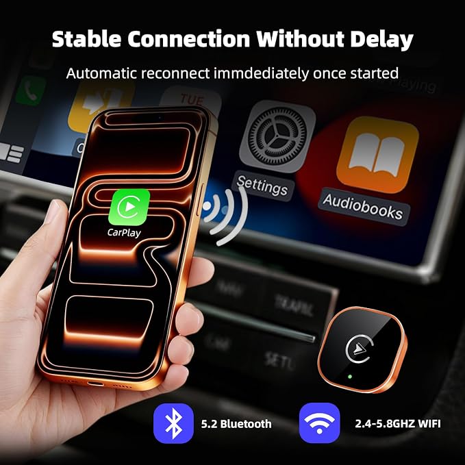 【2026 Upgarded】 Wireless CarPlay Adapter for iPhone, Mini USB Design for Cars with Wired CarPlay, Fast Connection,5.8GHz WiFi, Compatible with iOS 10+ & iPhone 6+, USB/Type C,Plug and Play(Orange)