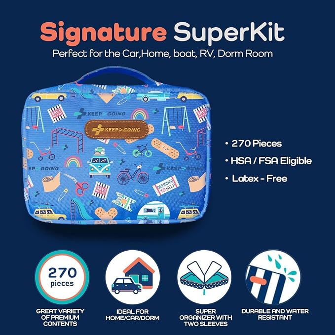 KeepGoing Large Home First Aid Kit for Kids – 270 Pc. for Car, Home, Dorm, & Boat with Latex-Free Bandages – 10 x 7 x 3.5 in. Travel First Aid Kit (Signature)