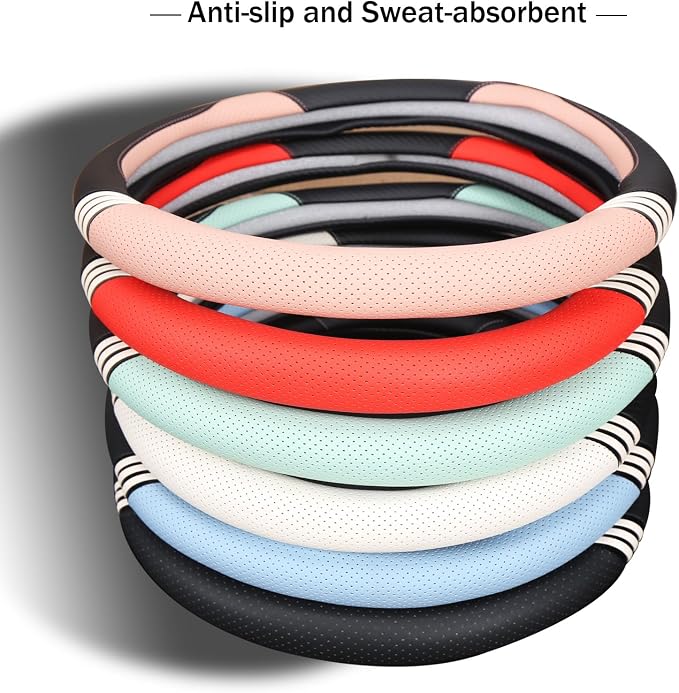 14 inch Cute Leather D Shape Steering Wheel Cover Black White | Breathable Faux Leather and Carbon Fiber Flat Bottom Car Accessories for Women Men Small 13.5 inch to 14 inch