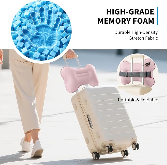 Mixtrend Travel Lumbar Pillow – Inflatable Memory Foam Back Support Cushion for Airplane, Car, Office Chair, Long Flight – Ergonomic Pain Relief for Women, Men & Kids(Blush Pink)
