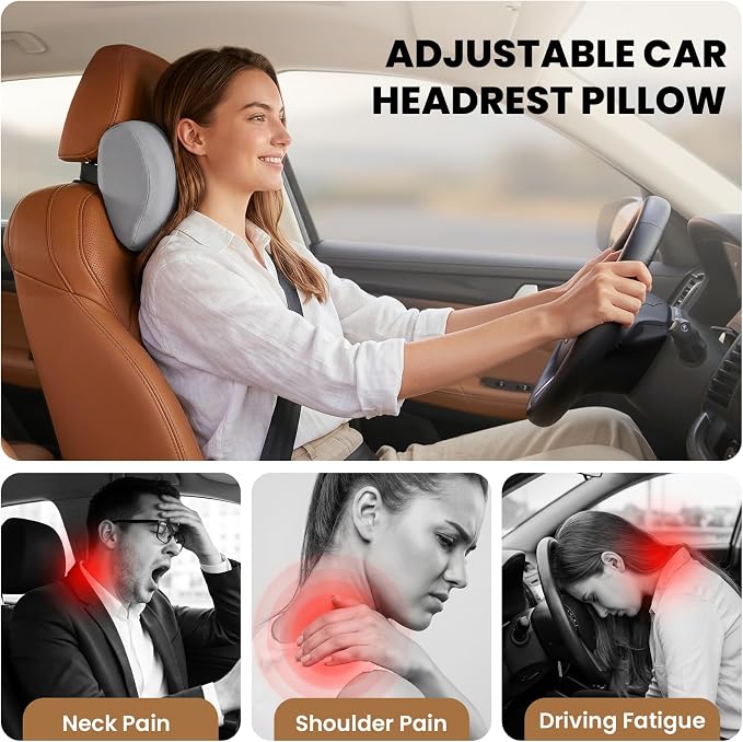 ZZ-WELL Car Headrest Pillow, Car Neck Pillow for Neck Pain Relief with Adjustable Strap, Memory Foam & Breathable Removable Cover, Travel Car Neck Pillow for Pain Relief While Driving (Grey, 2Pack)