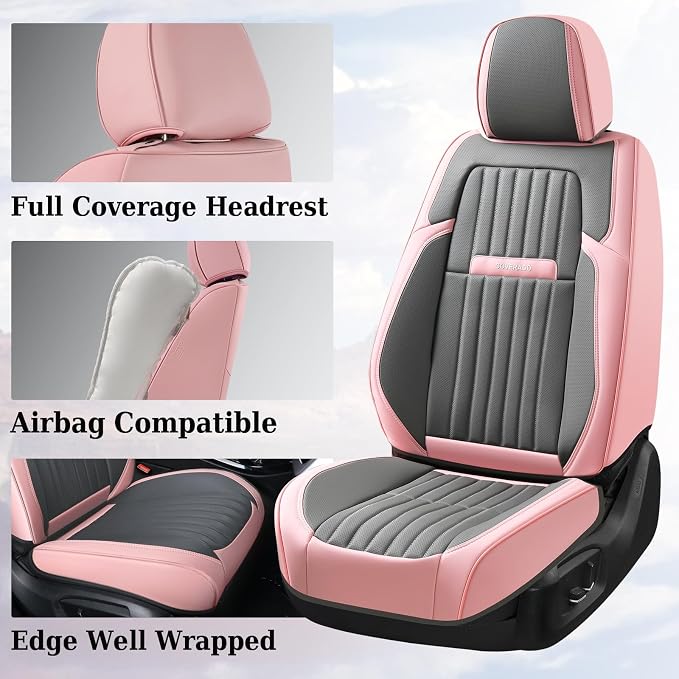 Coverado Car Seat Covers Full Set, Nappa Leather Seat Covers for Cars, Waterproof Car Seat Covers Front Seats and Back, Automotive Car Seat Protector Car Seat Cushion Fit for Most Cars (Pink&Grey)