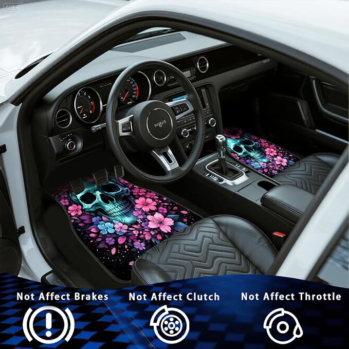 Skull Car Floor Mats Set of 4 Floral Gothic Dark Bloom Art Carpet Front Rear Carpets Mat Decorative Car Floor Carpets Non-Slip Auto Car Accessories Universal Fit for Car SUV Truck Van