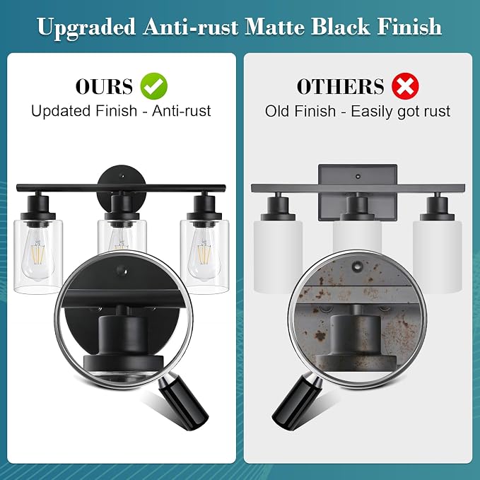 Unicozin Modern Bathroom Light Fixtures, 3 Light Vanity Lights, Black Wall Lamp with Clear Glass for Bathroom, Mirror, Living Room, Bedroom, Hallway, E26 Base