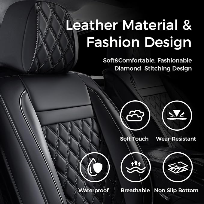 Huidasource Seat Covers Full Set, 5 Layers Full-Cover Leather Seat Cover Hollow Design Airbag Pops, Front & Back Seat, Seat Covers for Most Cars, Vans, Trucks, SUVs Universal Fit (Full Set/Black)