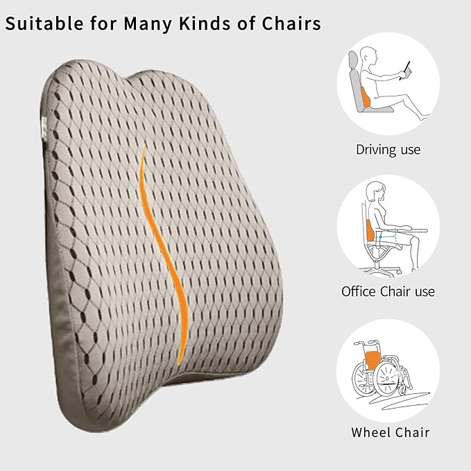 Memory Foam car Lumbar Support Pillow - Memory Foam Back Cushion - Used for car Seats, Office Chairs, recliners, Sofas, etc. (Beige)