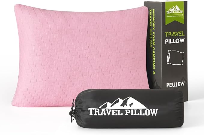 Small Shredded Memory Foam Pillow, Camping Pillow Travel Pillow - Compressible Medium Firm, Breathable Cover, Ideal Backpacking Hiking, Airplane and Car (Apricot Pink, S)
