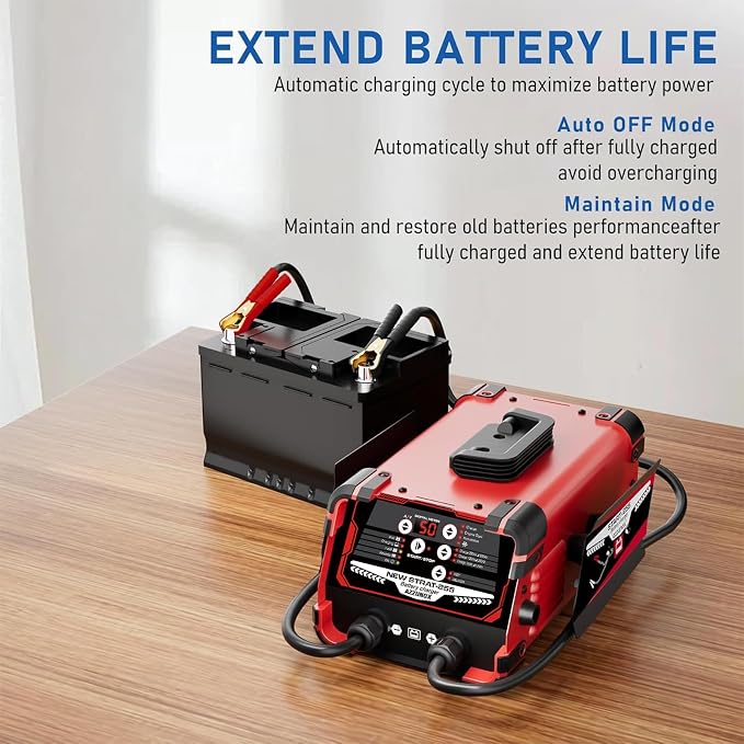 12V 24V Car Battery Charger & Engine Starter, Up to 50A Automatic Battery Maintainer 250A Cranking Amps