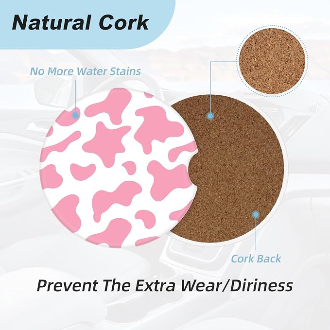 Pink Cow Print Car Coasters for Cup Holders,2 Pack Car Cup Holder Coasters for Car,Ceramic Absorbent Car Coaster with A Finger Notch and Cork Base,Car Interior Accessories for Women Men