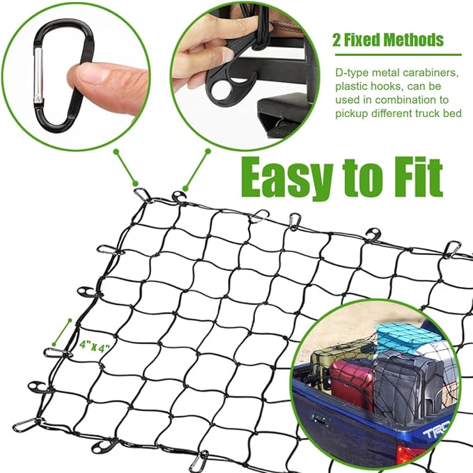 3' x 4' Cargo Net Stretches to 6' x 8', Heavy Duty Cargo Netting for Pickup Truck Bed, Roof Rack Net with Hooks Carabiners