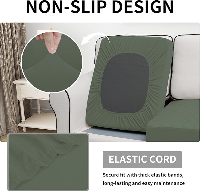 Easy-Going Waterproof Couch Cushion Covers, Non-Slip Leakproof Sofa Seat Cushion Slipcovers, Quilted and Stretch Furniture Protector for Dogs, Pets (3-Piece Sofa Cushion, Grayish Green)