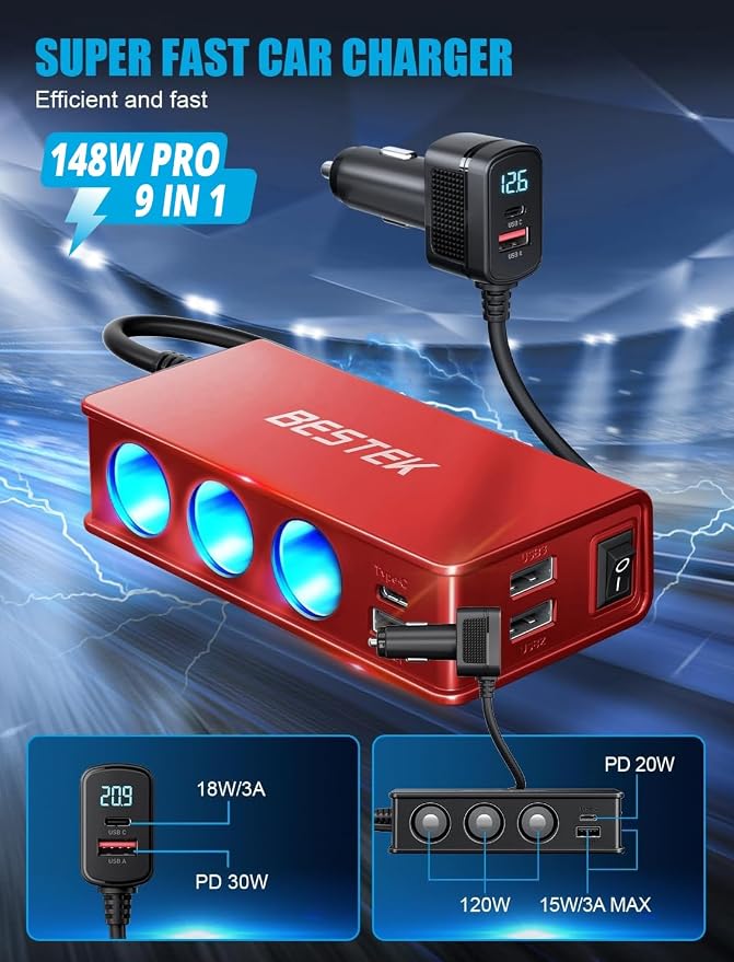BESTEK 148W Cigarette Lighter Splitter 9 in 1 Cigarette Lighter Adapter with 3-Socket PD 30W and QC3.0 18W Charging Ports LED Display Super Fast Charger for Dash Cam, GPS, iPad/Laptop/Phone(Red)